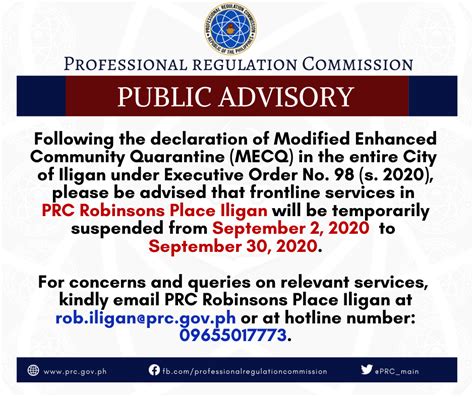 prc iligan|TEMPORARY SUSPENSION .